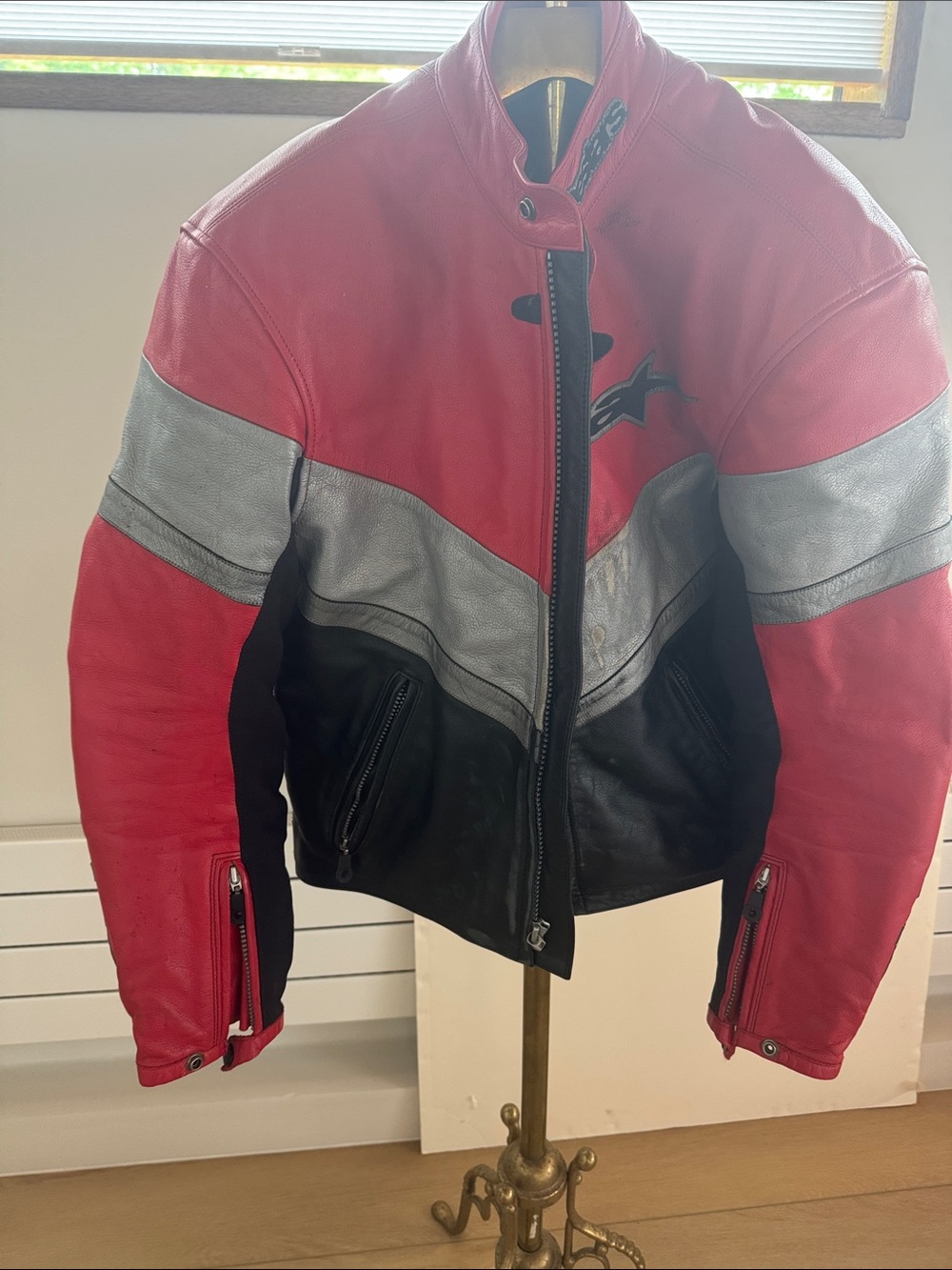 Alpinestars Red Gray Black Leather Motorcycle Jacket